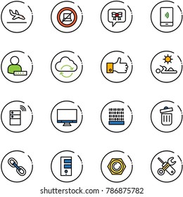 line vector icon set - arrival vector, no computer sign, bow message, mobile payment, user password, refresh cloud, finger up, reading, server wireless, monitor, binary code, trash bin, link, nut