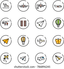 line vector icon set - arrival vector, plane, boarding passengers, small, helicopter, seats, paper, air balloon, fly, butterfly, kite, toy