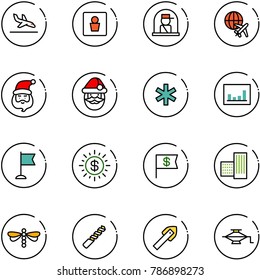 line vector icon set - arrival vector, male wc, officer window, plane globe, santa claus, ambulance star, statistics, flag, dollar sun, building, dragonfly, drill, tile, jack