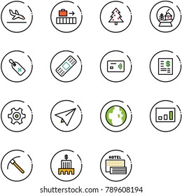 line vector icon set - arrival vector, baggage, christmas tree, snowball house, medical label, patch, tap pay, account statement, gear, paper plane, globe, statistics, rock axe, bank building
