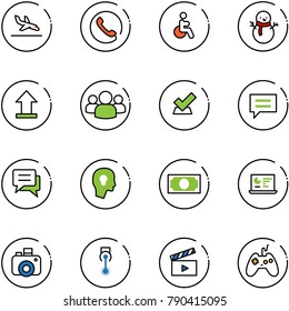 line vector icon set - arrival vector, phone, disabled, snowman, uplooad, group, check, chat, head bulb, money, statistics monitor, camera, laser, movie flap, joystick
