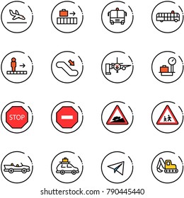 line vector icon set - arrival vector, baggage, airport bus, travolator, escalator down, boarding passengers, scales, stop road sign, no way, climb, children, cabrio, car, paper plane, excavator toy