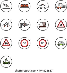 line vector icon set - arrival vector, waiting area, safety car, fork loader, trap truck, boarding passengers, airport building, railway intersection road sign, for moto, speed limit 50, 90