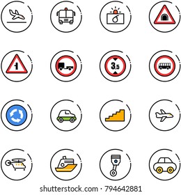 line vector icon set - arrival vector, airport bus, terrorism, tunnel road sign, intersection, no trailer, limited height, circle, car, stairs, plane, helicopter, cruiser, piston