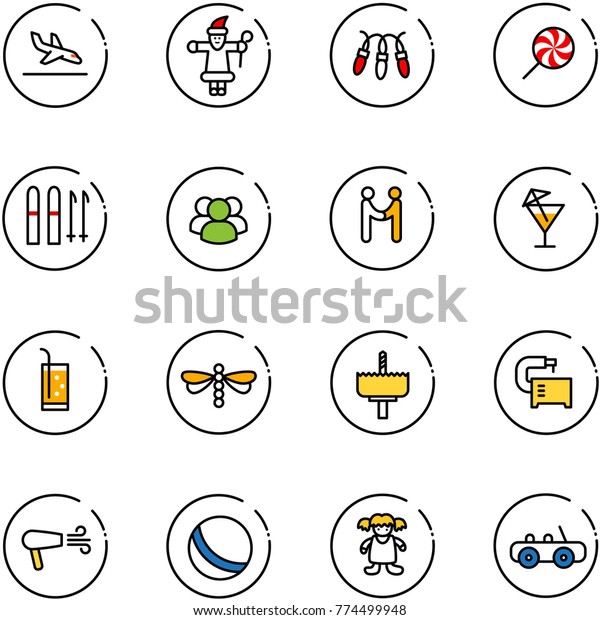 line vector icon set - arrival\
vector, santa claus, garland, lollipop, ski, group, agreement,\
drink, dragonfly, crown drill, machine tool, dryer, ball, doll, toy\
car