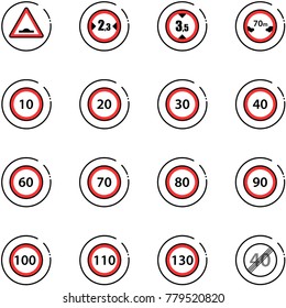 line vector icon set - artificial unevenness vector road sign, limited width, height, distance, speed limit 10, 20, 30, 40, 60, 70, 80, 90, 100, 110, 130, end
