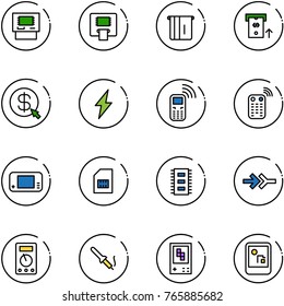 line vector icon set - atm vector, money click, lightning, mobile phone, remote control, game console, sim, chip, connect, multimeter, soldering iron