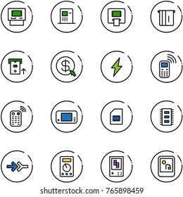 line vector icon set - atm vector, money click, lightning, mobile phone, remote control, game console, sim, chip, connect, multimeter