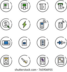 line vector icon set - atm vector, money click, lightning, mobile phone, remote control, game console, sim, chip, connect, multimeter, soldering iron