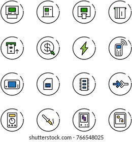 line vector icon set - atm vector, money click, lightning, mobile phone, game console, sim, chip, connect, multimeter, soldering iron