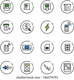 line vector icon set - atm vector, money click, lightning, mobile phone, remote control, sim, chip, connect, multimeter, soldering iron