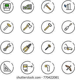 line vector icon set - atm vector, brick wall, rock axe, oil derrick, hammer, sledgehammer, chisel, wrench, pliers, screw, lawn mower, corner ruler, laser lever, allen key, bow