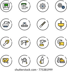line vector icon set - atm vector, gear, printer wireless, conveyor, drill, crown, tile, machine, tool, jig saw, cocncrete mixer, winch, excavator toy