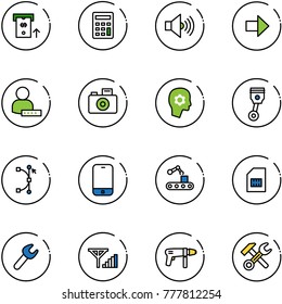 line vector icon set - atm vector, calculator, volume max, right arrow, user password, camera, brain work, piston, bezier, mobile phone, conveyor, sim, wrench, fine signal, drill machine, hammer
