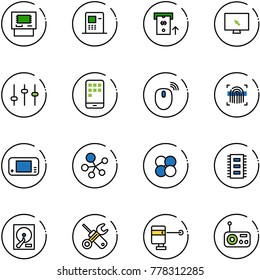 line vector icon set - atm vector, monitor cursor, settings, mobile, mouse wireless, fingerprint scanner, game console, molecule, atom core, chip, hdd, wrench screwdriver, laser lever, radio
