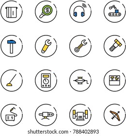 line vector icon set - atm vector, search money, wireless headphones, conveyor, hammer, wrench, bolt, hoe, multimeter, jack, tool box, welding, pipe, sharpening, bow