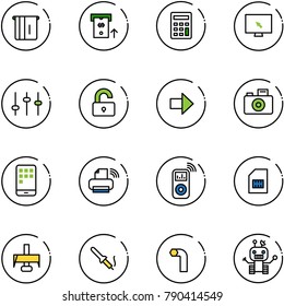 line vector icon set - atm vector, calculator, monitor cursor, settings, unlocked, right arrow, camera, mobile, printer wireless, music player, sim, milling cutter, soldering iron, allen key, robot