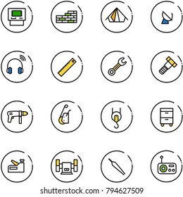 line vector icon set - atm vector, brick wall, tent, satellite antenna, wireless headphones, ruler, wrench, bolt, drill machine, winch, tool cabinet, stapler, sharpening, forceps, radio