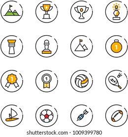 line vector icon set - attainment vector, win cup, gold, award, pawn, mountain, medal, volleyball, badminton, windsurfing, soccer ball, dart, football