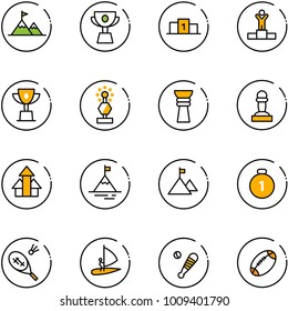 line vector icon set - attainment vector, cup, pedestal, winner, win, award, pawn, arrows up, mountain, gold medal, badminton, windsurfing, baseball bat, football