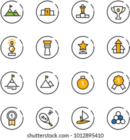 line vector icon set - attainment vector, pedestal, winner, gold cup, award, arrows up, mountain, medal, badminton, windsurfing, billiards balls