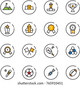 line vector icon set - attainment vector, pedestal, winner, gold cup, award, arrows up, medal, flags cross, badminton, billiards balls, baseball bat, soccer ball, dart, football