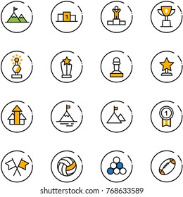 line vector icon set - attainment vector, pedestal, winner, win cup, award, pawn, arrows up, mountain, gold medal, flags cross, volleyball, billiards balls, football