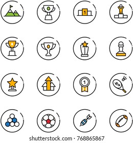 line vector icon set - attainment vector, cup, pedestal, winner, win, gold, award, pawn, arrows up, medal, badminton, billiards balls, soccer ball, dart, football