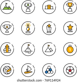 line vector icon set - attainment vector, cup, pedestal, win, gold, award, arrows up, mountain, medal, volleyball, windsurfing, billiards balls, soccer ball