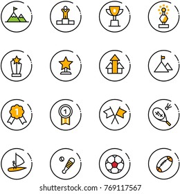 line vector icon set - attainment vector, winner, win cup, award, arrows up, mountain, gold medal, flags cross, badminton, windsurfing, baseball bat, soccer ball, football