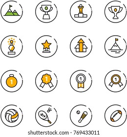 line vector icon set - attainment vector, cup, winner, gold, award, arrows up, mountain, medal, volleyball, badminton, baseball bat, football