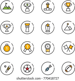 line vector icon set - attainment vector, cup, winner, win, gold, award, mountain, medal, flags cross, baseball bat, soccer ball, dart, football