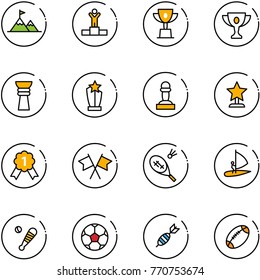 line vector icon set - attainment vector, winner, win cup, gold, award, pawn, medal, flags cross, badminton, windsurfing, baseball bat, soccer ball, dart, football