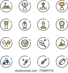 line vector icon set - attainment vector, cup, winner, win, award, pawn, gold medal, flags cross, volleyball, badminton, windsurfing, billiards balls, baseball bat, dart, football