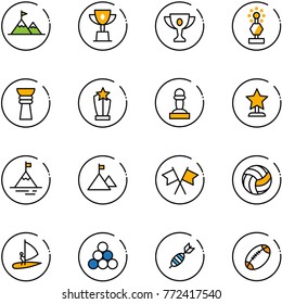 line vector icon set - attainment vector, win cup, gold, award, pawn, mountain, flags cross, volleyball, windsurfing, billiards balls, dart, football