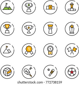 line vector icon set - attainment vector, cup, pedestal, winner, win, gold, award, mountain, medal, flags cross, volleyball, badminton, baseball bat, soccer ball