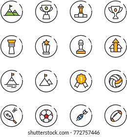 line vector icon set - attainment vector, cup, winner, gold, award, pawn, arrows up, mountain, medal, volleyball, badminton, soccer ball, dart, football