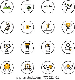 line vector icon set - attainment vector, certificate, pedestal, cup, golden branch, winner, win, gold, award, medal, flags cross, success