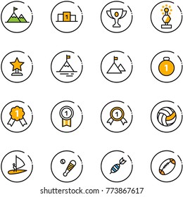 line vector icon set - attainment vector, pedestal, gold cup, award, mountain, medal, volleyball, windsurfing, baseball bat, dart, football