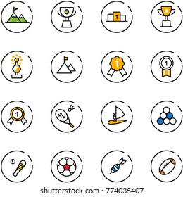 line vector icon set - attainment vector, cup, pedestal, win, award, mountain, gold medal, badminton, windsurfing, billiards balls, baseball bat, soccer ball, dart, football