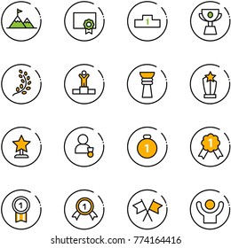 line vector icon set - attainment vector, certificate, pedestal, cup, golden branch, winner, award, gold medal, flags cross, success