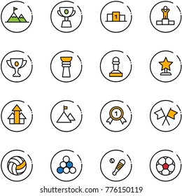 line vector icon set - attainment vector, cup, pedestal, winner, gold, award, pawn, arrows up, mountain, medal, flags cross, volleyball, billiards balls, baseball bat, soccer ball