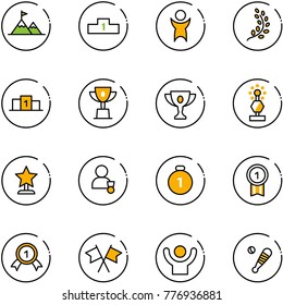 line vector icon set - attainment vector, pedestal, success, golden branch, win cup, gold, award, winner, medal, flags cross, baseball bat