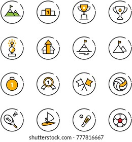 line vector icon set - attainment vector, pedestal, win cup, gold, award, arrows up, mountain, medal, flags cross, volleyball, badminton, windsurfing, baseball bat, soccer ball