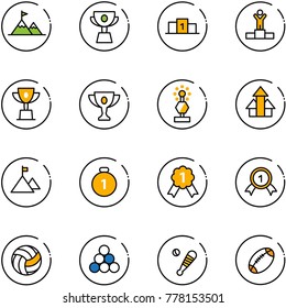 line vector icon set - attainment vector, cup, pedestal, winner, win, gold, award, arrows up, mountain, medal, volleyball, billiards balls, baseball bat, football