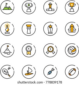 line vector icon set - attainment vector, cup, winner, win, award, arrows up, mountain, gold medal, volleyball, badminton, windsurfing, dart, football
