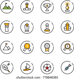 line vector icon set - attainment vector, winner, gold cup, award, pawn, arrows up, mountain, medal, badminton, windsurfing, soccer ball, dart