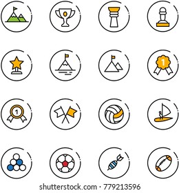 line vector icon set - attainment vector, gold cup, award, pawn, mountain, medal, flags cross, volleyball, windsurfing, billiards balls, soccer ball, dart, football