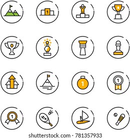 line vector icon set - attainment vector, pedestal, winner, win cup, gold, award, pawn, arrows up, mountain, medal, badminton, windsurfing, baseball bat