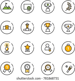 line vector icon set - attainment vector, certificate, cup, golden branch, pedestal, winner, win, gold, award, medal, baseball bat